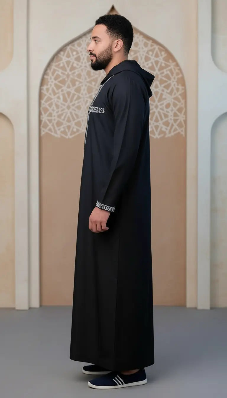 Rayan Prestige black men’s thobe by Rayyan & Co. with subtle detailing and elegant Islamic menswear design
