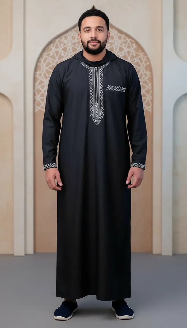 Rayan Prestige black men’s thobe by Rayyan & Co. with subtle detailing and elegant Islamic menswear design