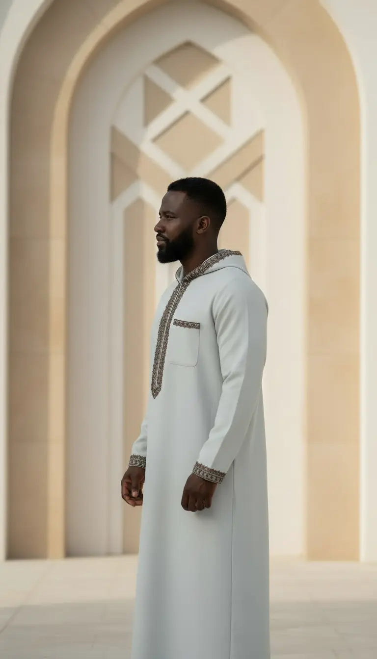 Rayyan Classic men’s thobe by Rayyan & Co. featuring a clean structured design for Islamic and modest menswear