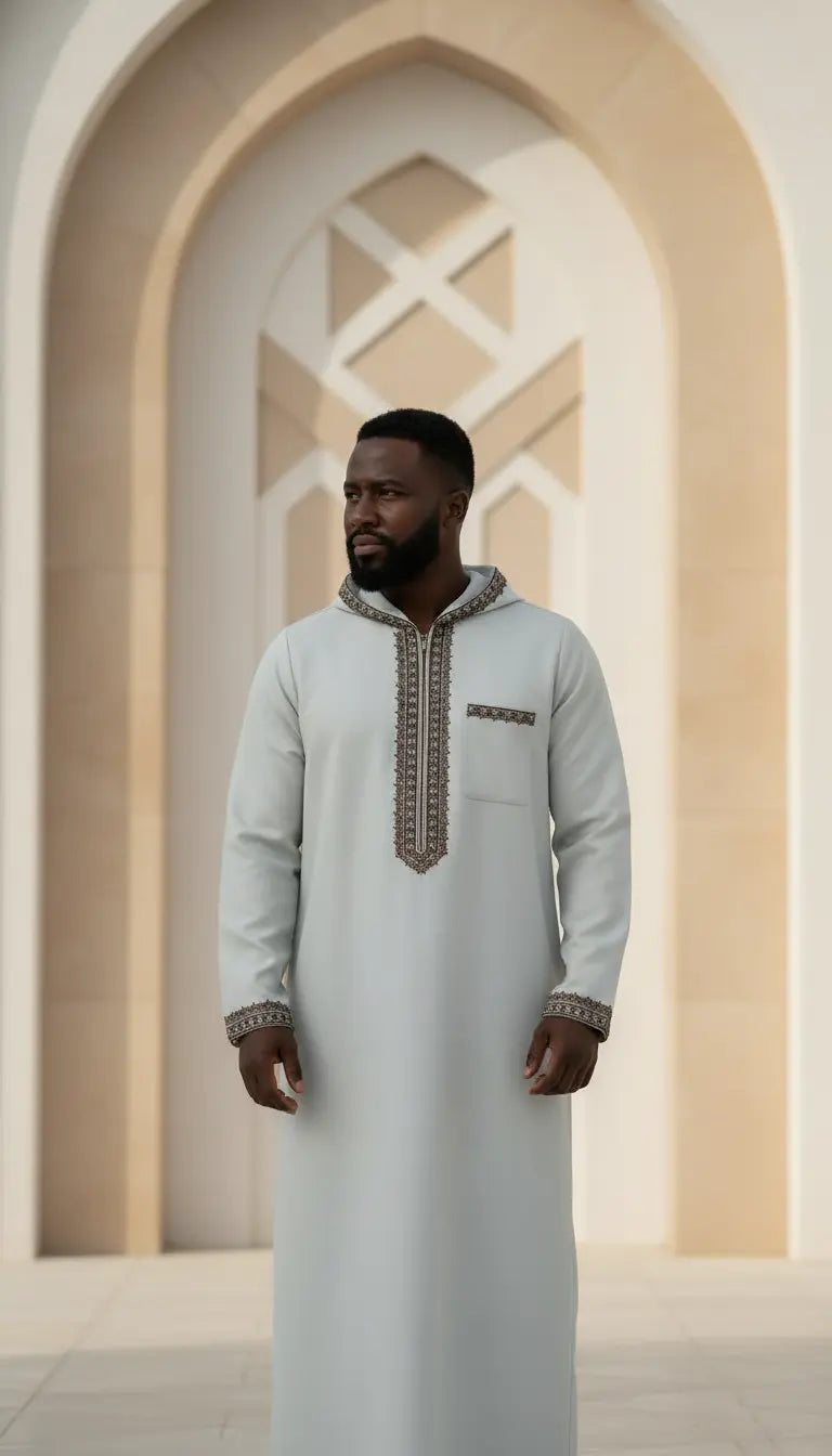 Rayyan Classic men’s thobe by Rayyan & Co. featuring a clean structured design for Islamic and modest menswear