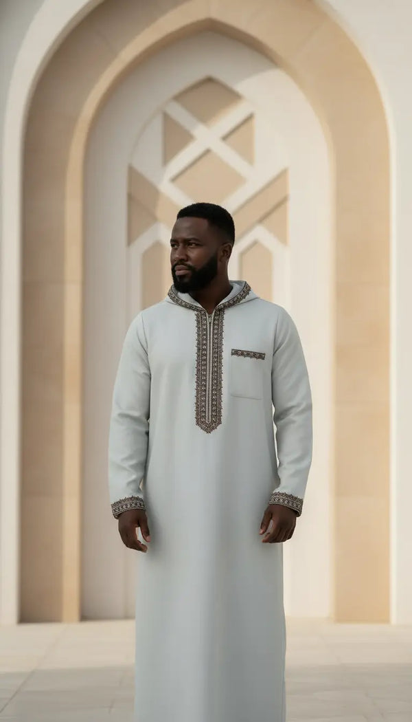 Rayyan Classic men’s thobe by Rayyan & Co. featuring a clean structured design for Islamic and modest menswear