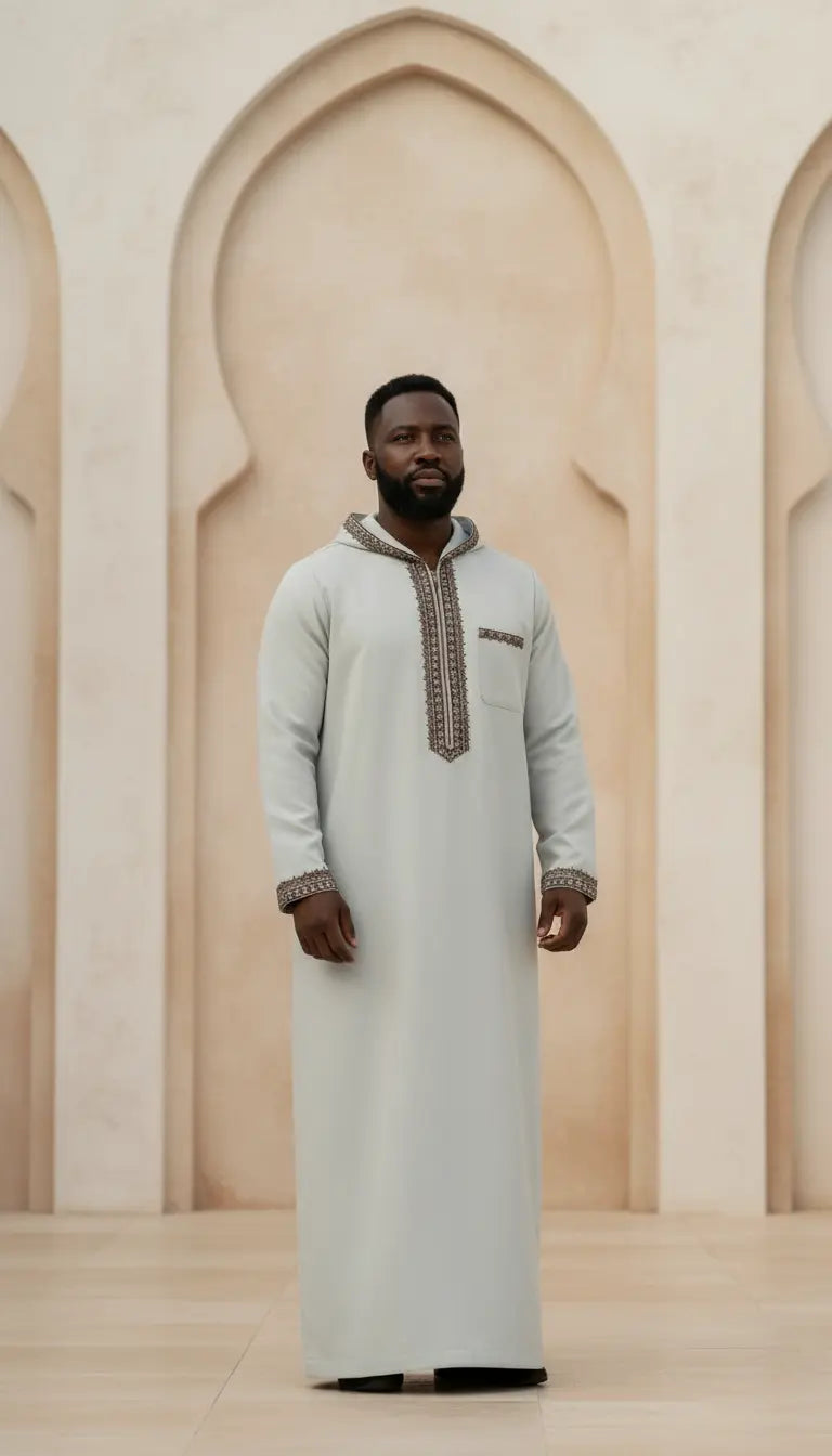 Rayyan Classic men’s thobe by Rayyan & Co. featuring a clean structured design for Islamic and modest menswear