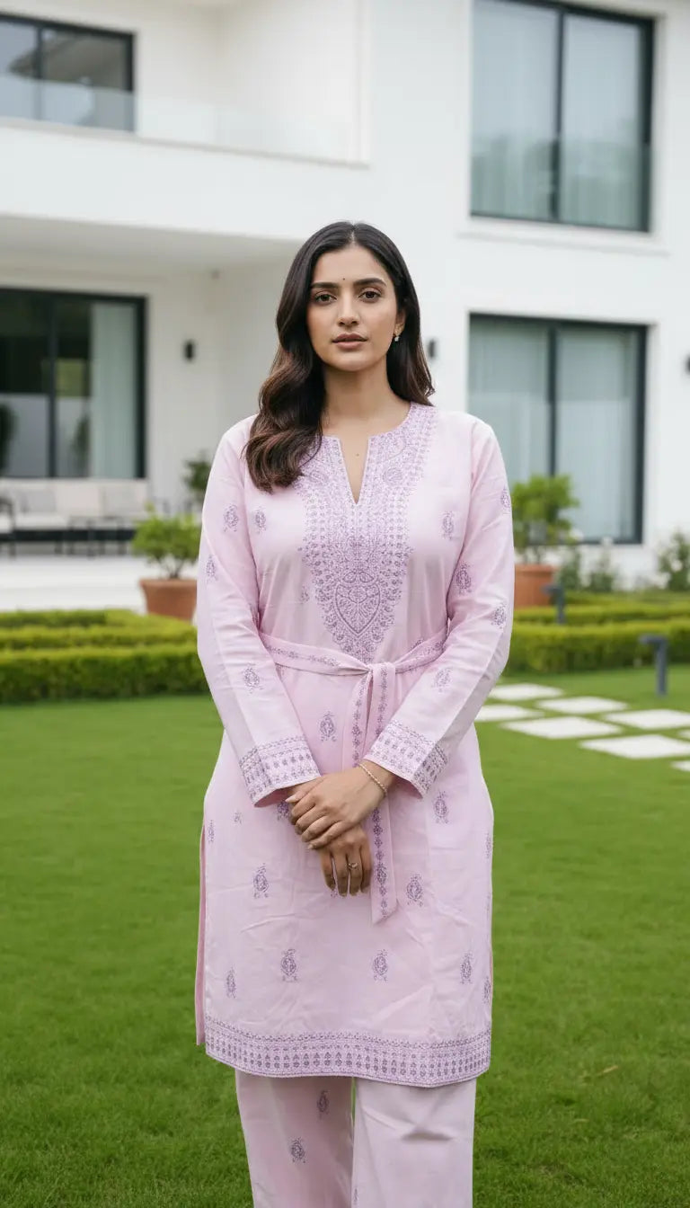 Riya pink embroidered kurta set with matching pants for women by Rayyan & Co.