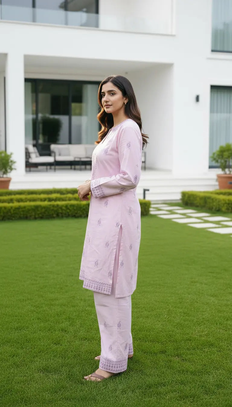 Riya pink embroidered kurta set with matching pants for women by Rayyan & Co.