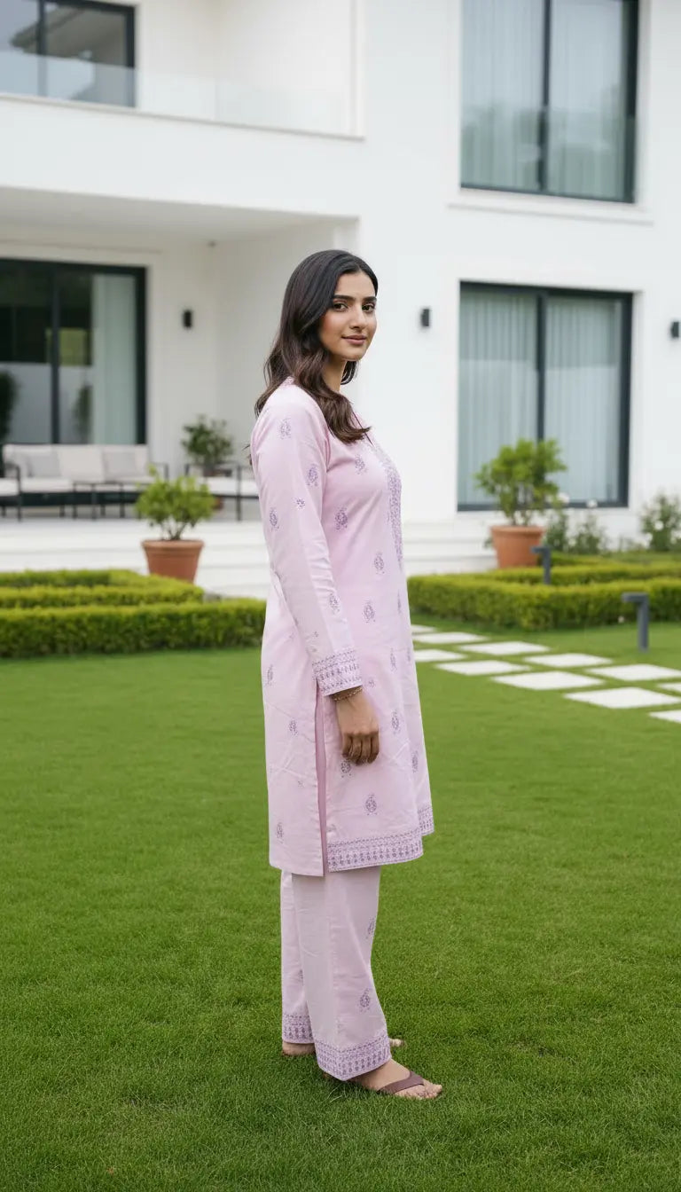 Riya pink embroidered kurta set with matching pants for women by Rayyan & Co.