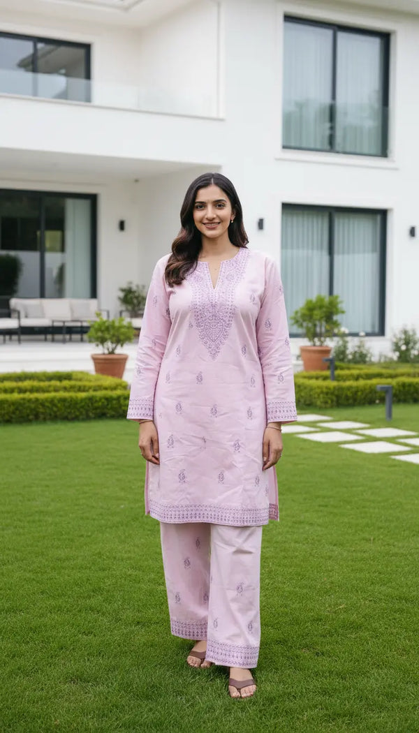 Riya pink embroidered kurta set with matching pants for women by Rayyan & Co.