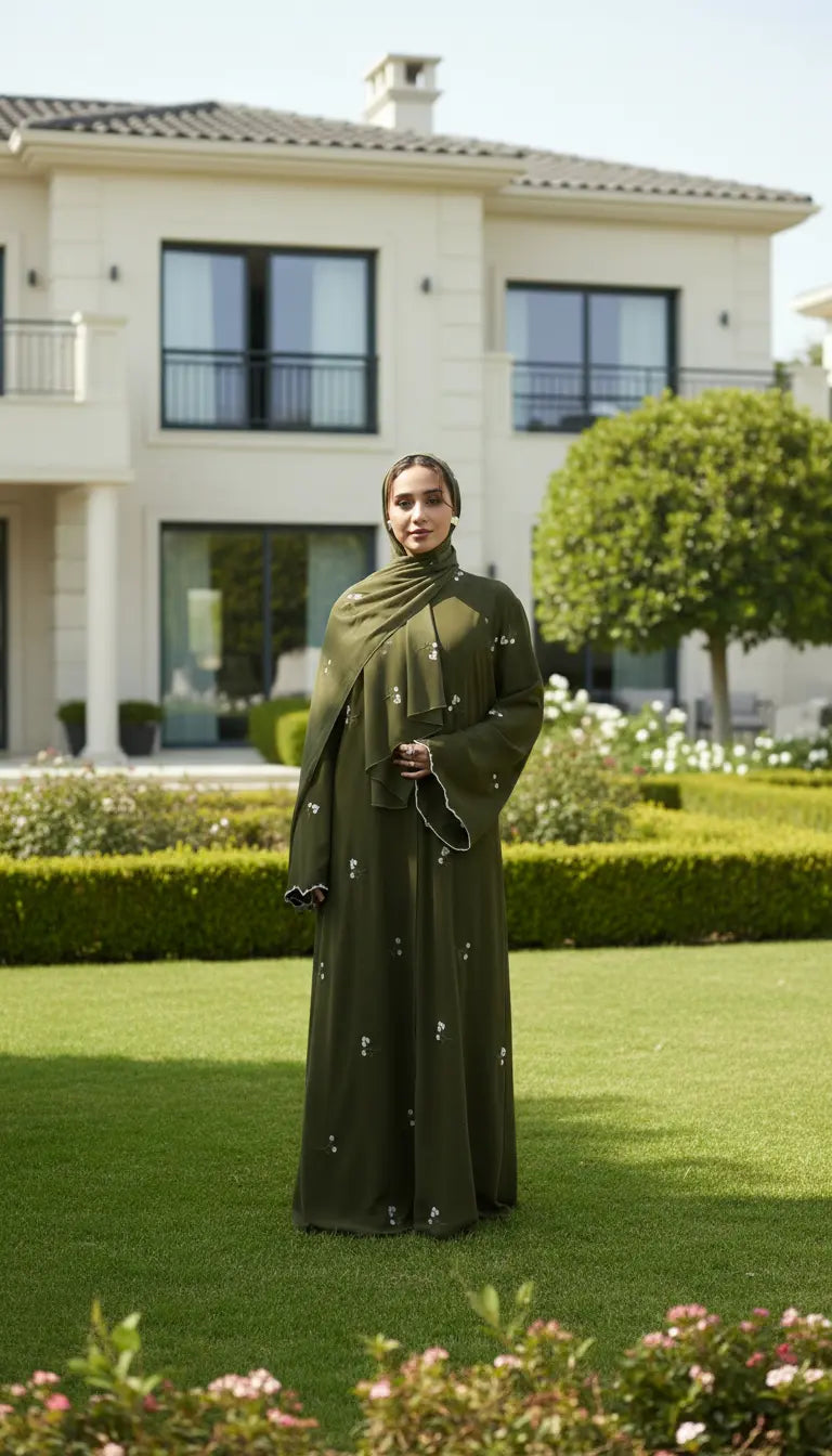 Safiya floral embroidered flowing abaya for women by Rayyan & Co. with elegant modest design