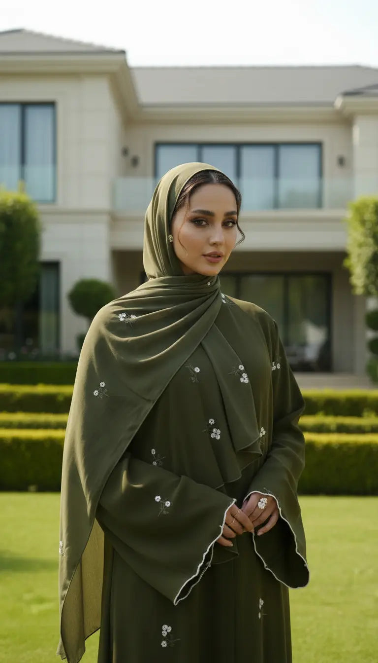Safiya floral embroidered flowing abaya for women by Rayyan & Co. with elegant modest design