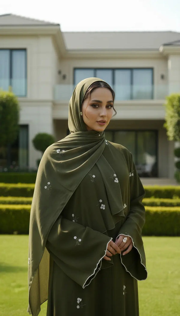 Safiya floral embroidered flowing abaya for women by Rayyan & Co. with elegant modest design