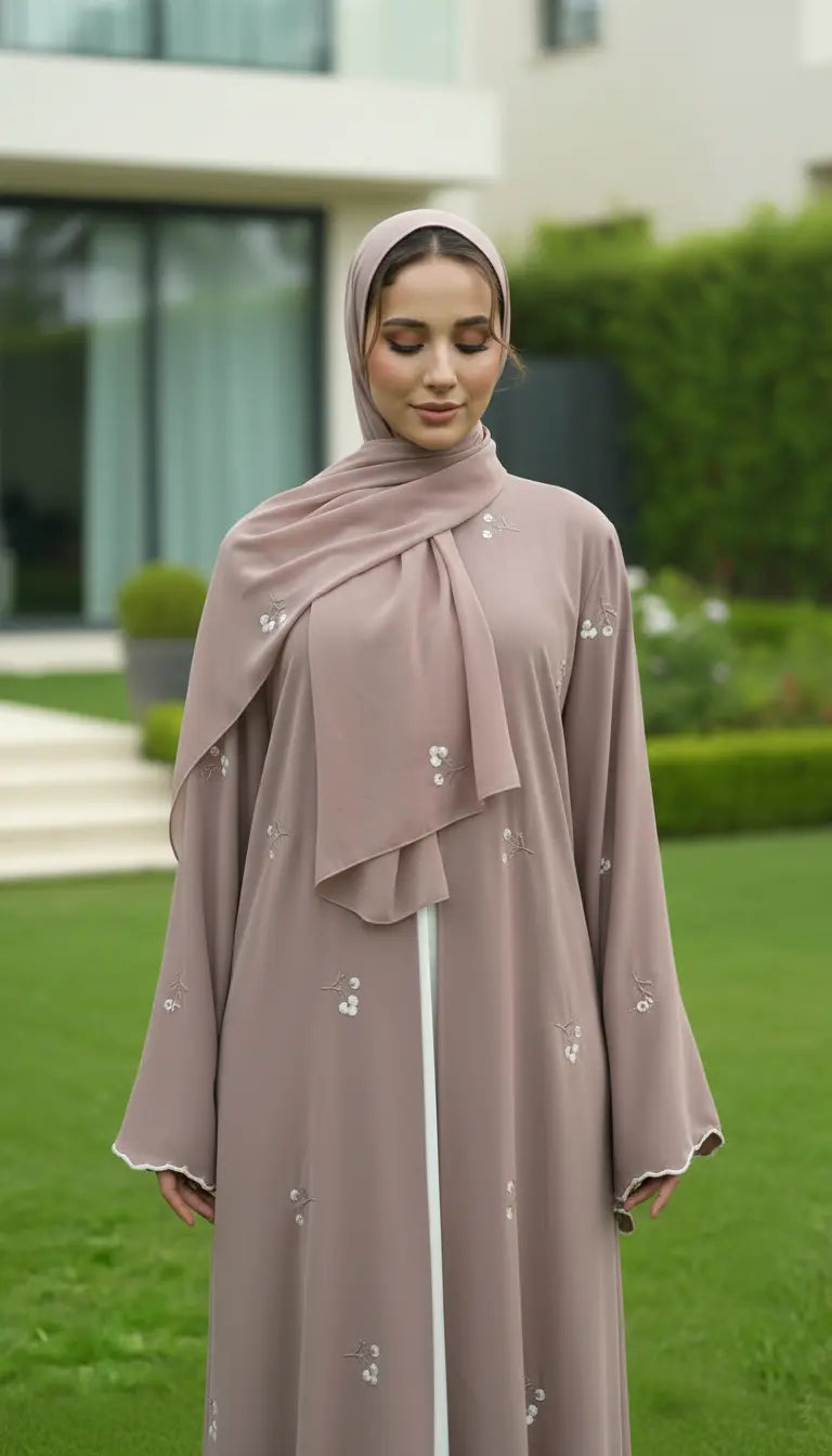 Safiya floral embroidered flowing abaya for women by Rayyan & Co. with elegant modest design