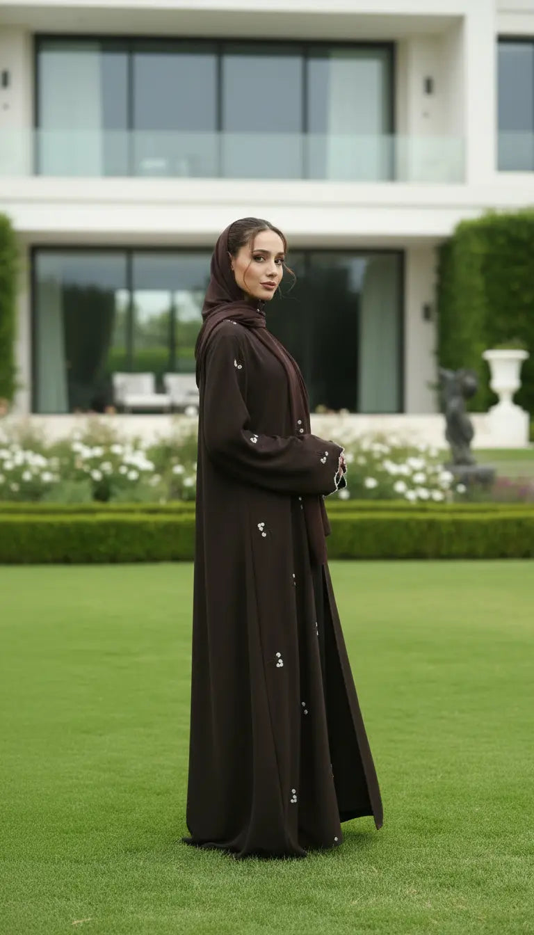 Safiya floral embroidered flowing abaya for women by Rayyan & Co. with elegant modest design