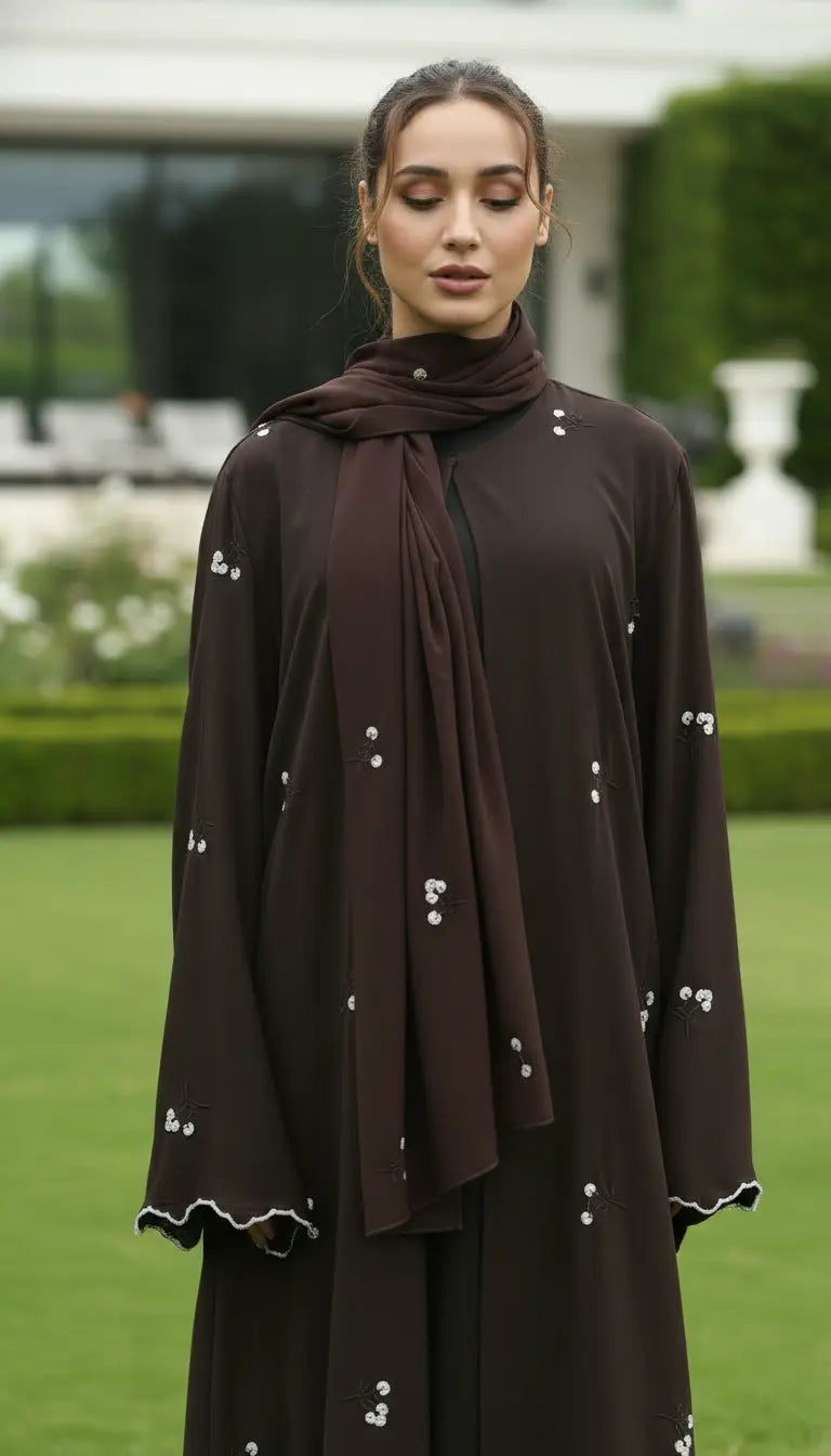 Safiya floral embroidered flowing abaya for women by Rayyan & Co. with elegant modest design
