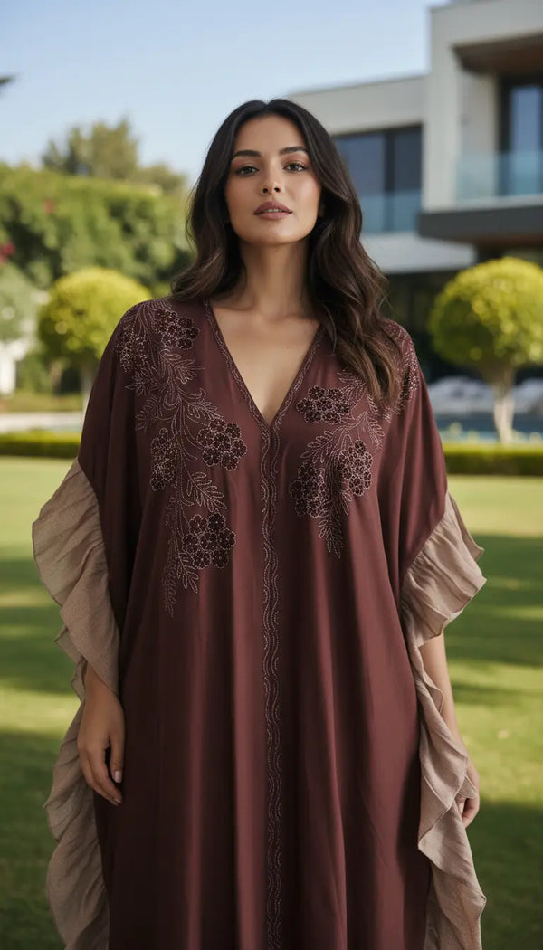 Sahra brown embroidered abaya for women by Rayyan & Co. – elegant modest fashion in the USA