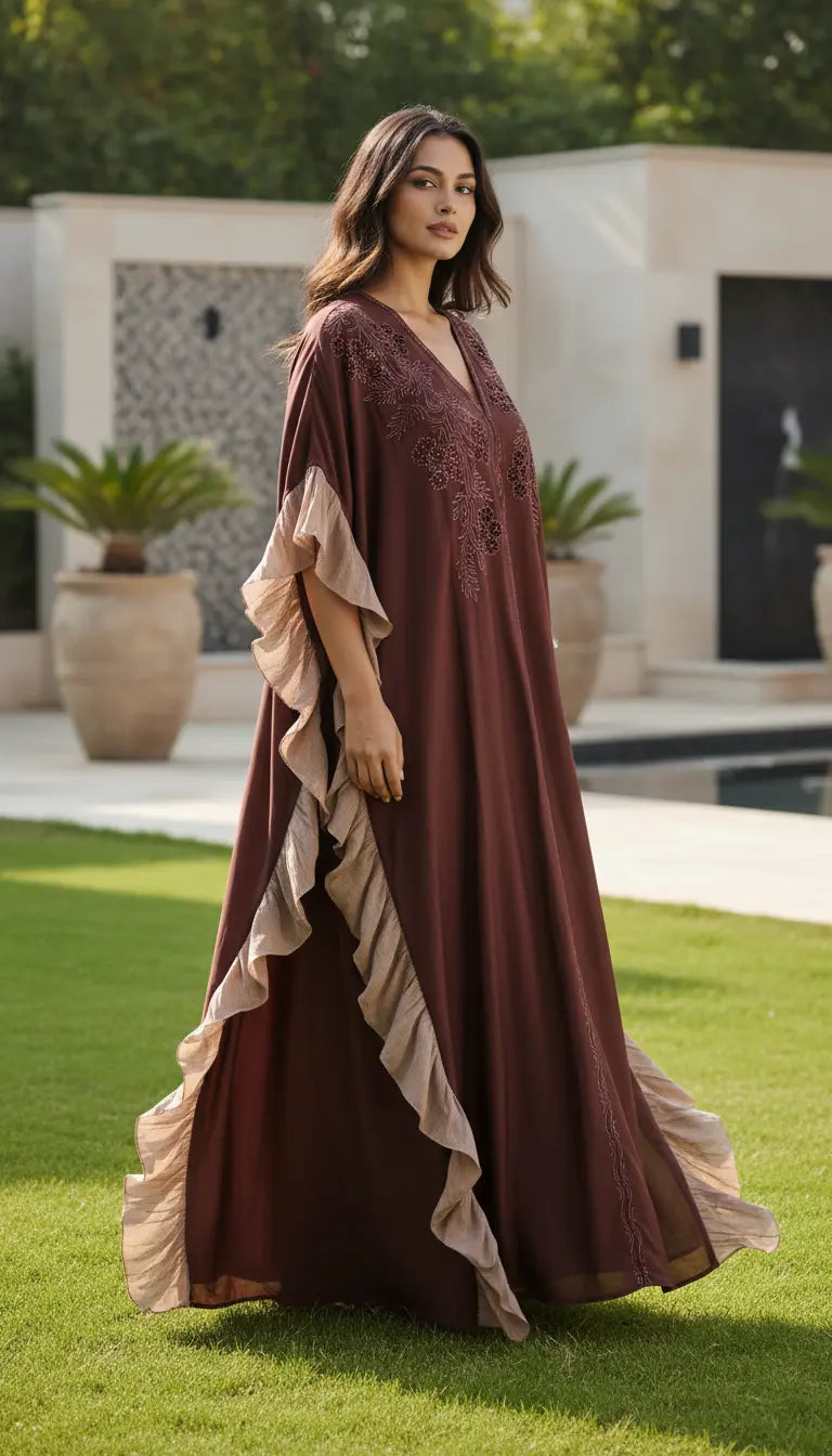 Sahra brown embroidered abaya for women by Rayyan & Co. – elegant modest fashion in the USA