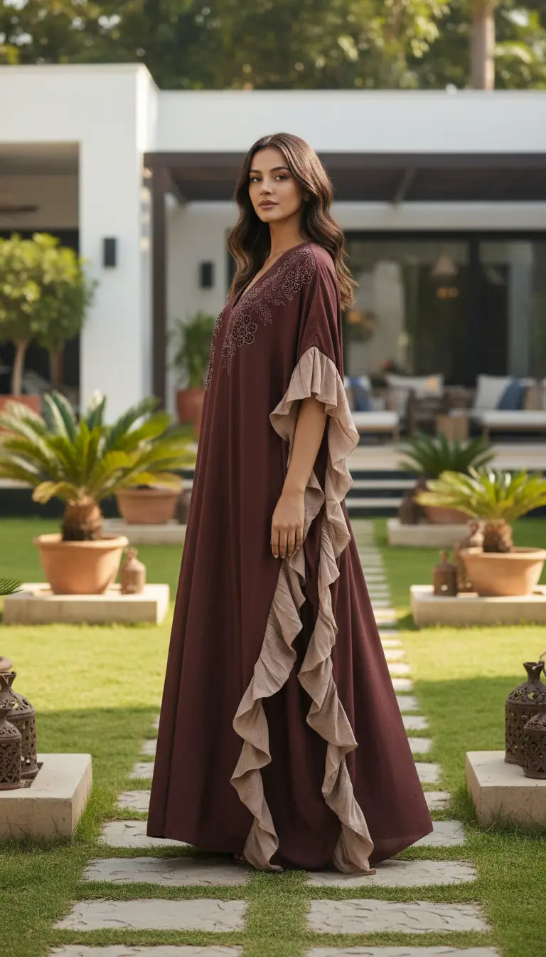 Sahra brown embroidered abaya for women by Rayyan & Co. – elegant modest fashion in the USA