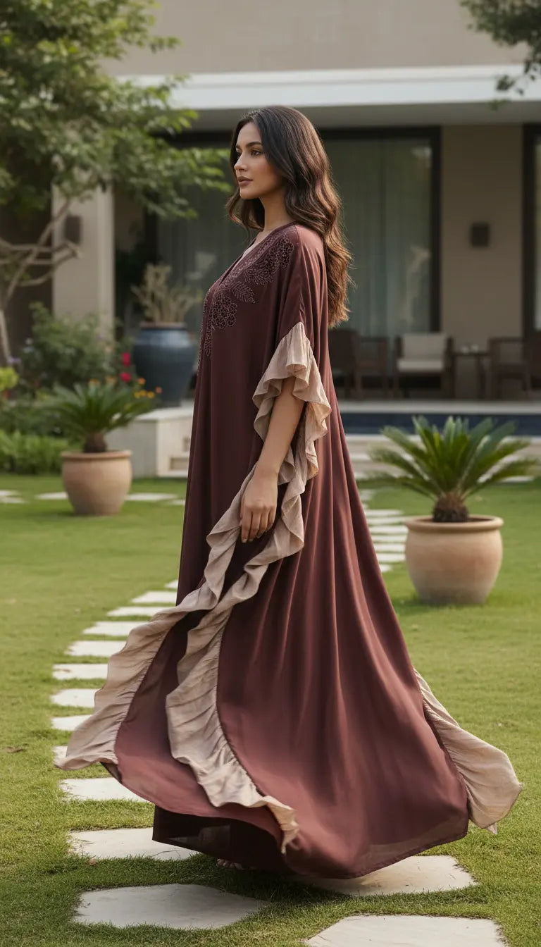 Sahra brown embroidered abaya for women by Rayyan & Co. – elegant modest fashion in the USA