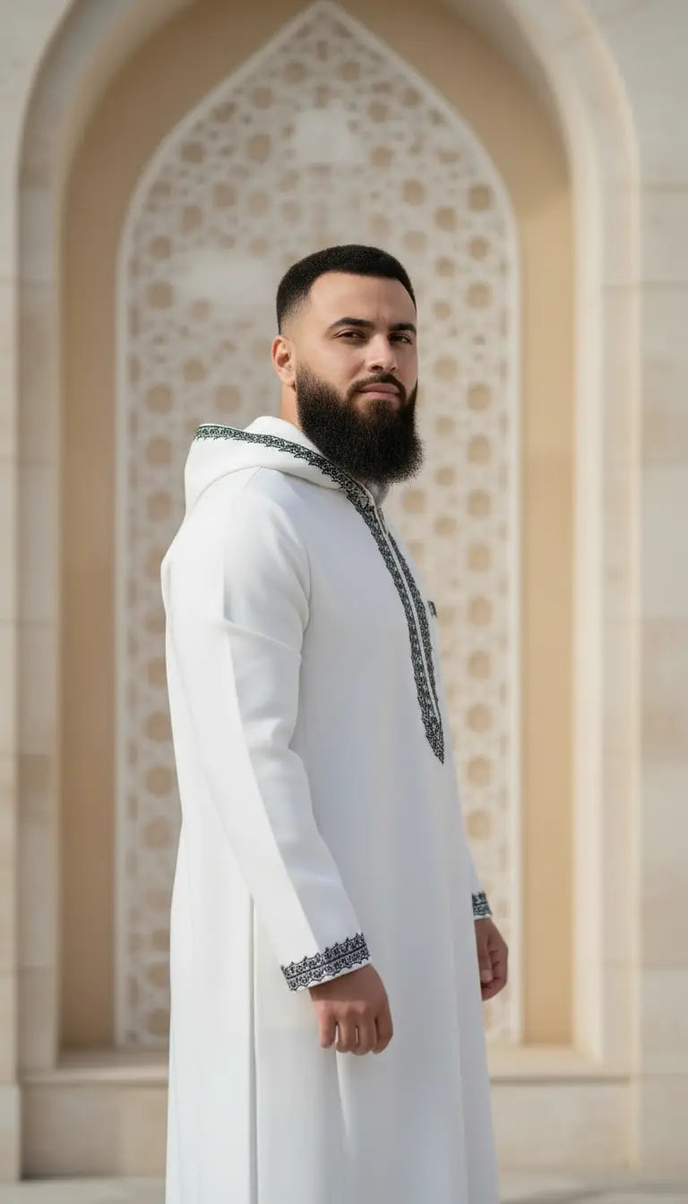 Saif Heritage men’s thobe by Rayyan & Co. with traditional structured design for Islamic and modest menswear