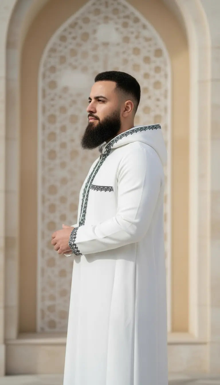 Saif Heritage men’s thobe by Rayyan & Co. with traditional structured design for Islamic and modest menswear
