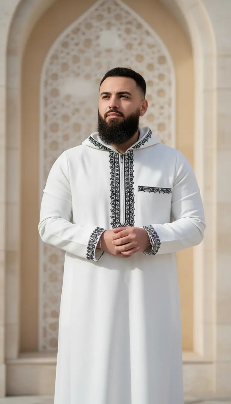 Saif Heritage men’s thobe by Rayyan & Co. with traditional structured design for Islamic and modest menswear
