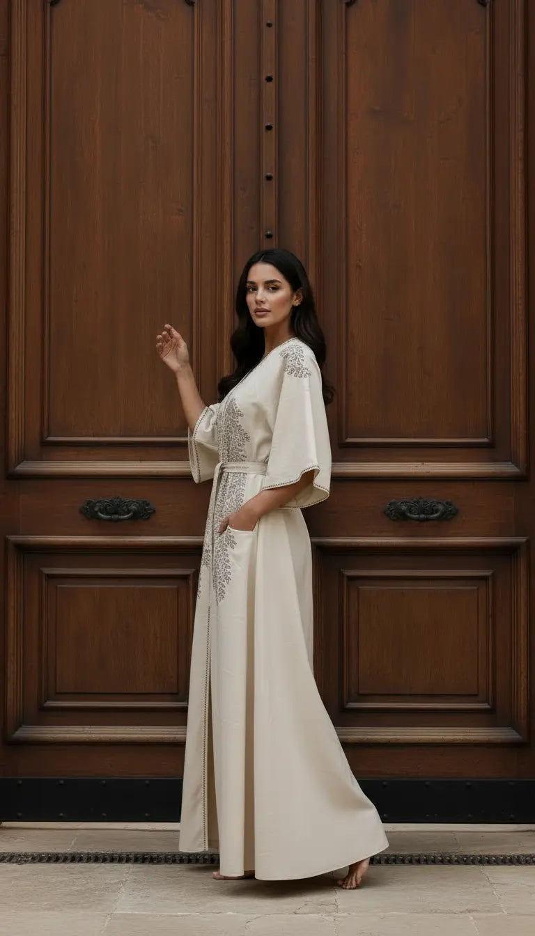 Samira warm caramel embroidered abaya for women by Rayyan & Co. with elegant flowing modest design