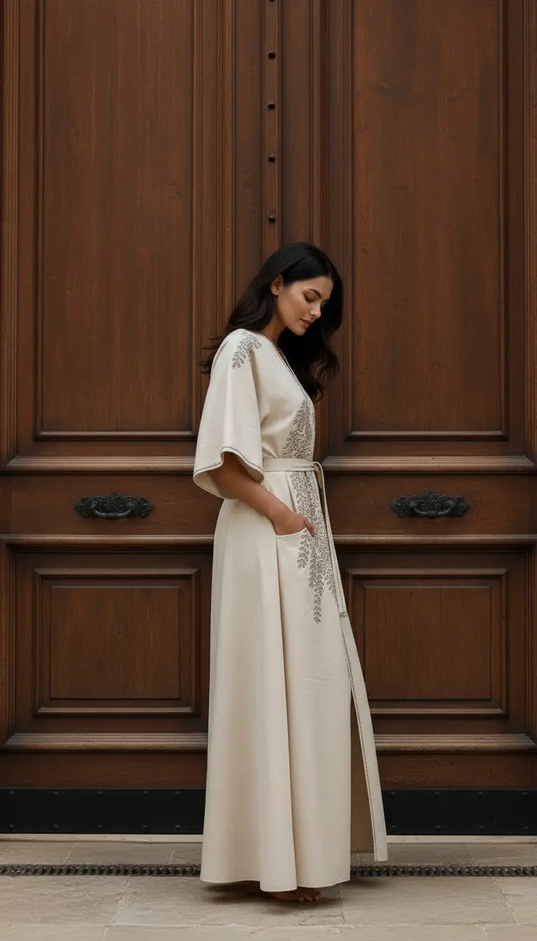 Samira warm caramel embroidered abaya for women by Rayyan & Co. with elegant flowing modest design