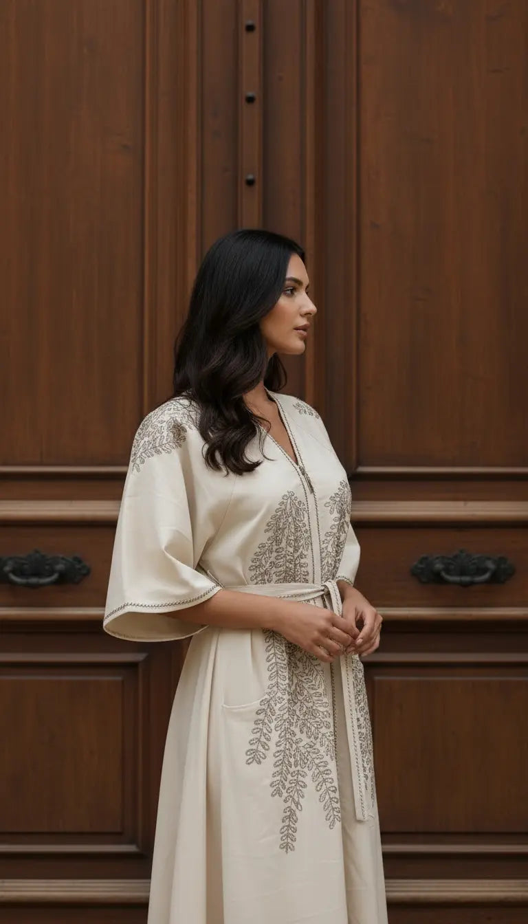 Samira warm caramel embroidered abaya for women by Rayyan & Co. with elegant flowing modest design