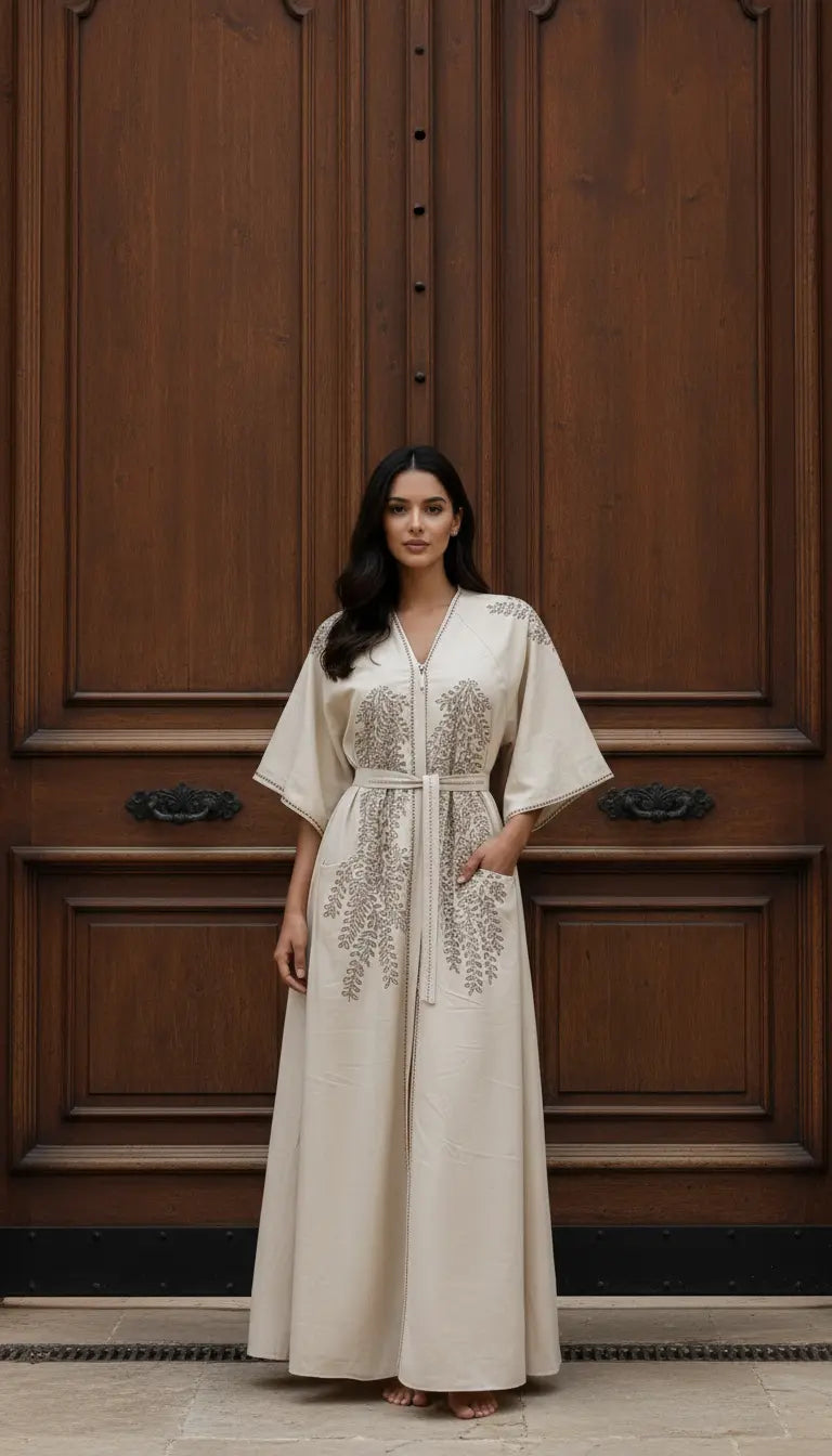 Samira warm caramel embroidered abaya for women by Rayyan & Co. with elegant flowing modest design