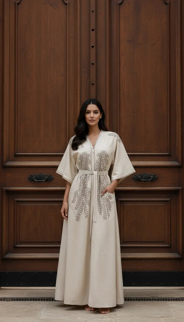 Samira warm caramel embroidered abaya for women by Rayyan & Co. with elegant flowing modest design