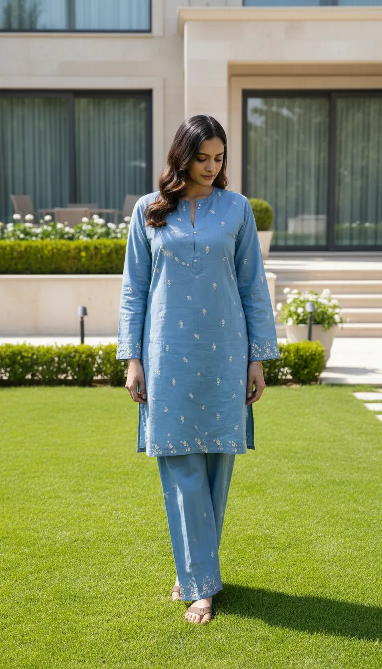 Sana blue embroidered kurta set with matching pants for women by Rayyan & Co.