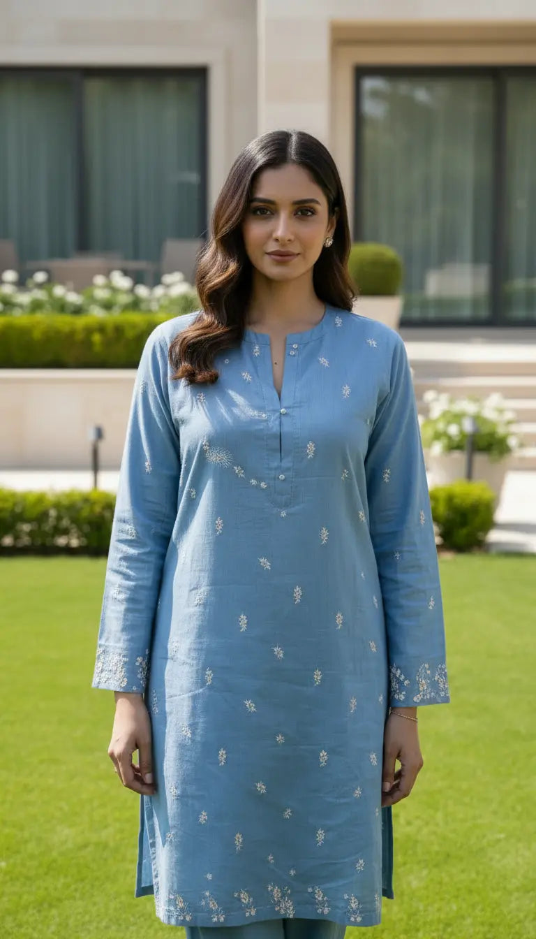 Sana blue embroidered kurta set with matching pants for women by Rayyan & Co.