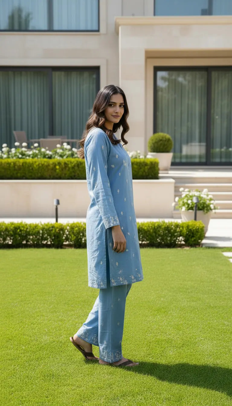Sana blue embroidered kurta set with matching pants for women by Rayyan & Co.