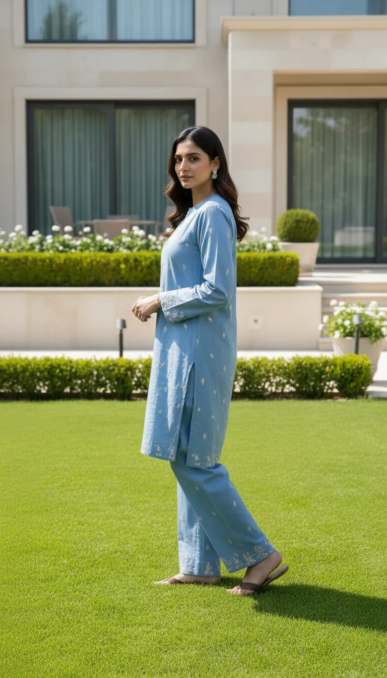 Sana blue embroidered kurta set with matching pants for women by Rayyan & Co.