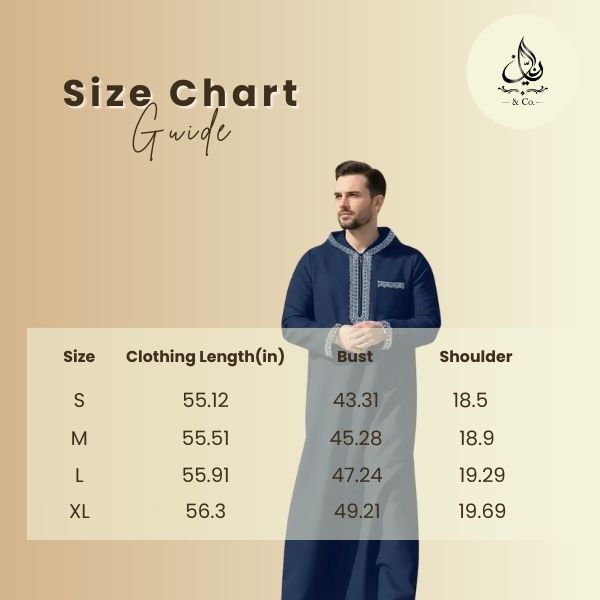 Azlan Signature navy blue men’s thobe by Rayyan & Co. with structured neckline and elegant Islamic menswear design