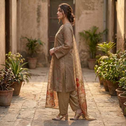 Zina taupe embroidered Pakistani three-piece suit with organza shirt, matching pants and floral dupatta for women by Rayyan & Co.