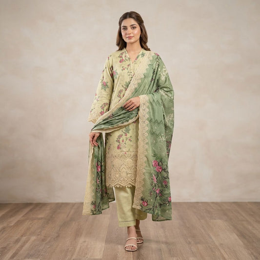 Alina sage green embroidered three-piece Pakistani suit with matching pants and dupatta for women by Rayyan & Co.