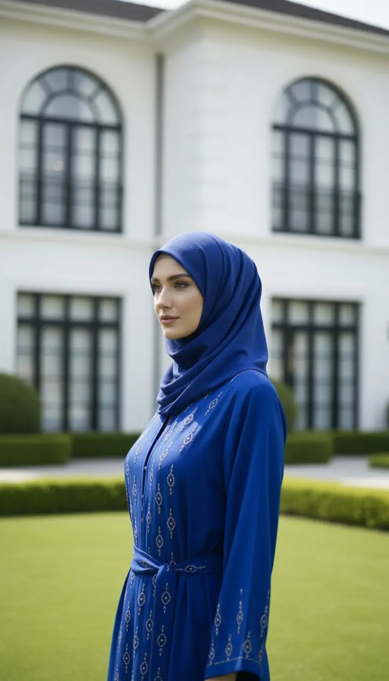 Zafira royal blue embroidered abaya for women by Rayyan & Co. with elegant flowing modest design