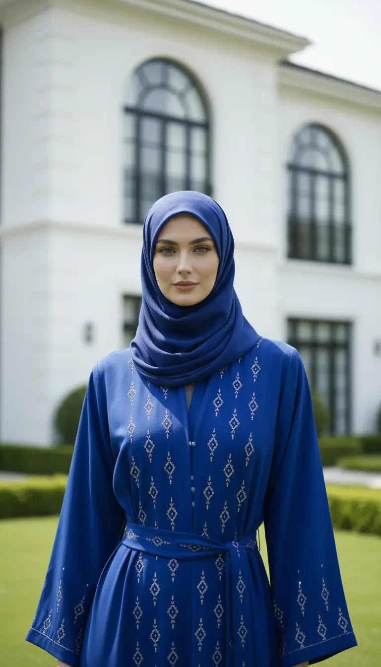 Zafira royal blue embroidered abaya for women by Rayyan & Co. with elegant flowing modest design
