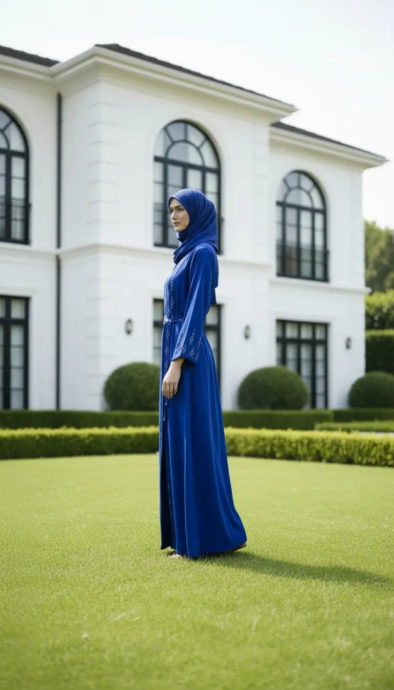 Zafira royal blue embroidered abaya for women by Rayyan & Co. with elegant flowing modest design