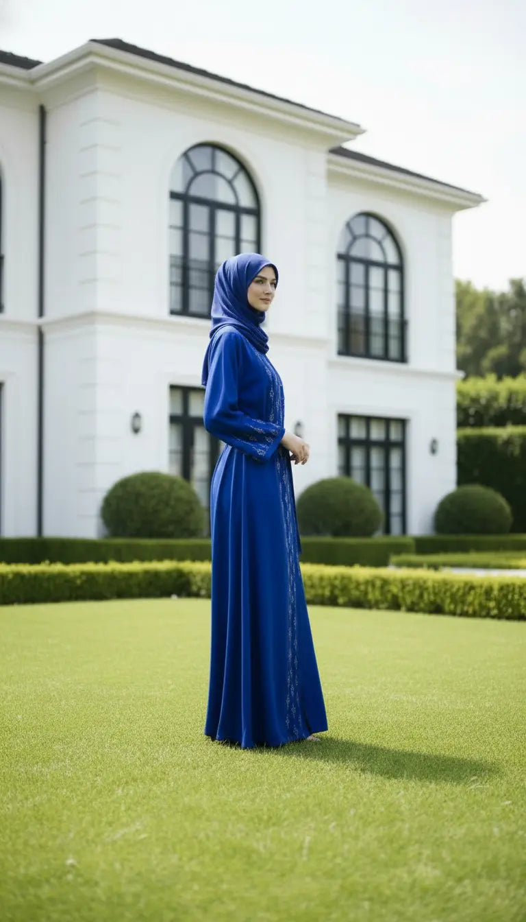 Zafira royal blue embroidered abaya for women by Rayyan & Co. with elegant flowing modest design