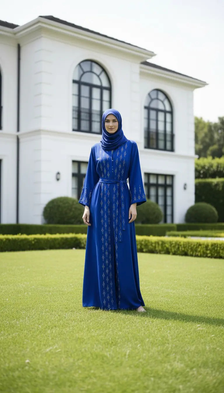 Zafira royal blue embroidered abaya for women by Rayyan & Co. with elegant flowing modest design