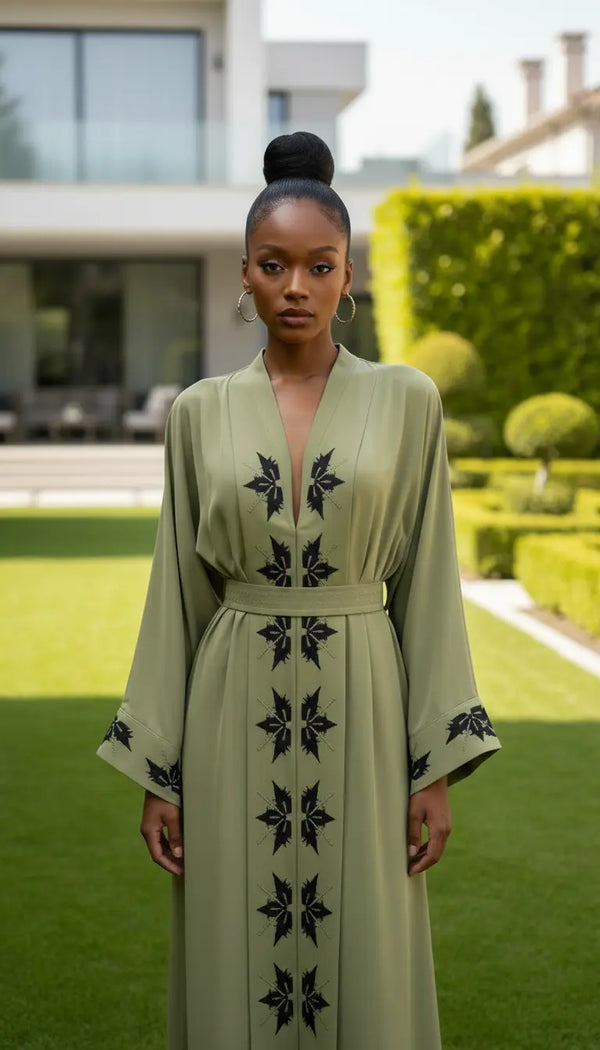 Zayra olive green embroidered abaya for women by Rayyan & Co. – elegant modest fashion in the USA