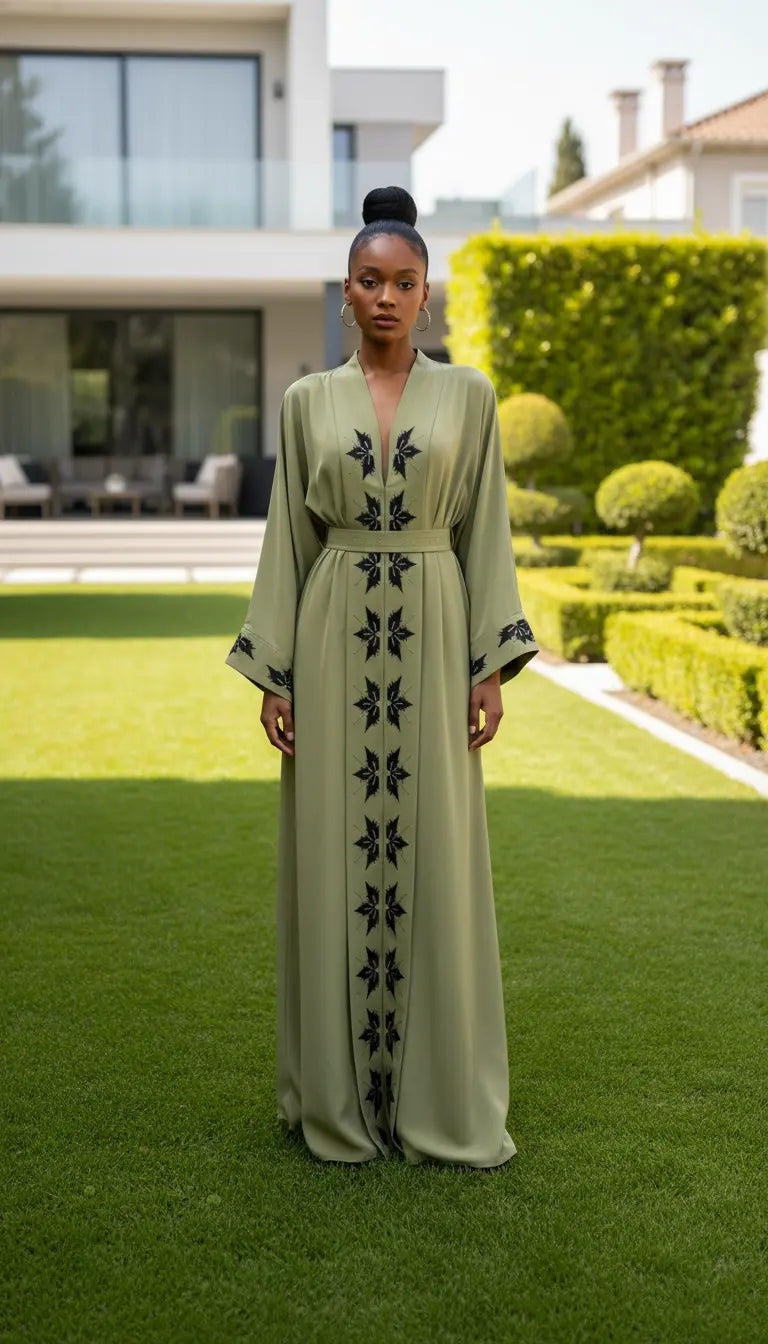 Zayra olive green embroidered abaya for women by Rayyan & Co. – elegant modest fashion in the USA