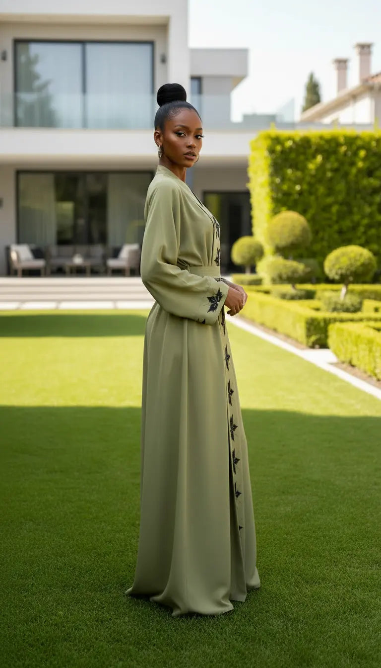 Zayra olive green embroidered abaya for women by Rayyan & Co. – elegant modest fashion in the USA