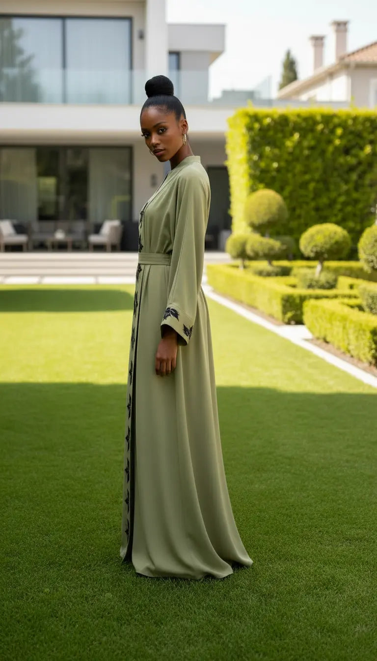 Zayra olive green embroidered abaya for women by Rayyan & Co. – elegant modest fashion in the USA