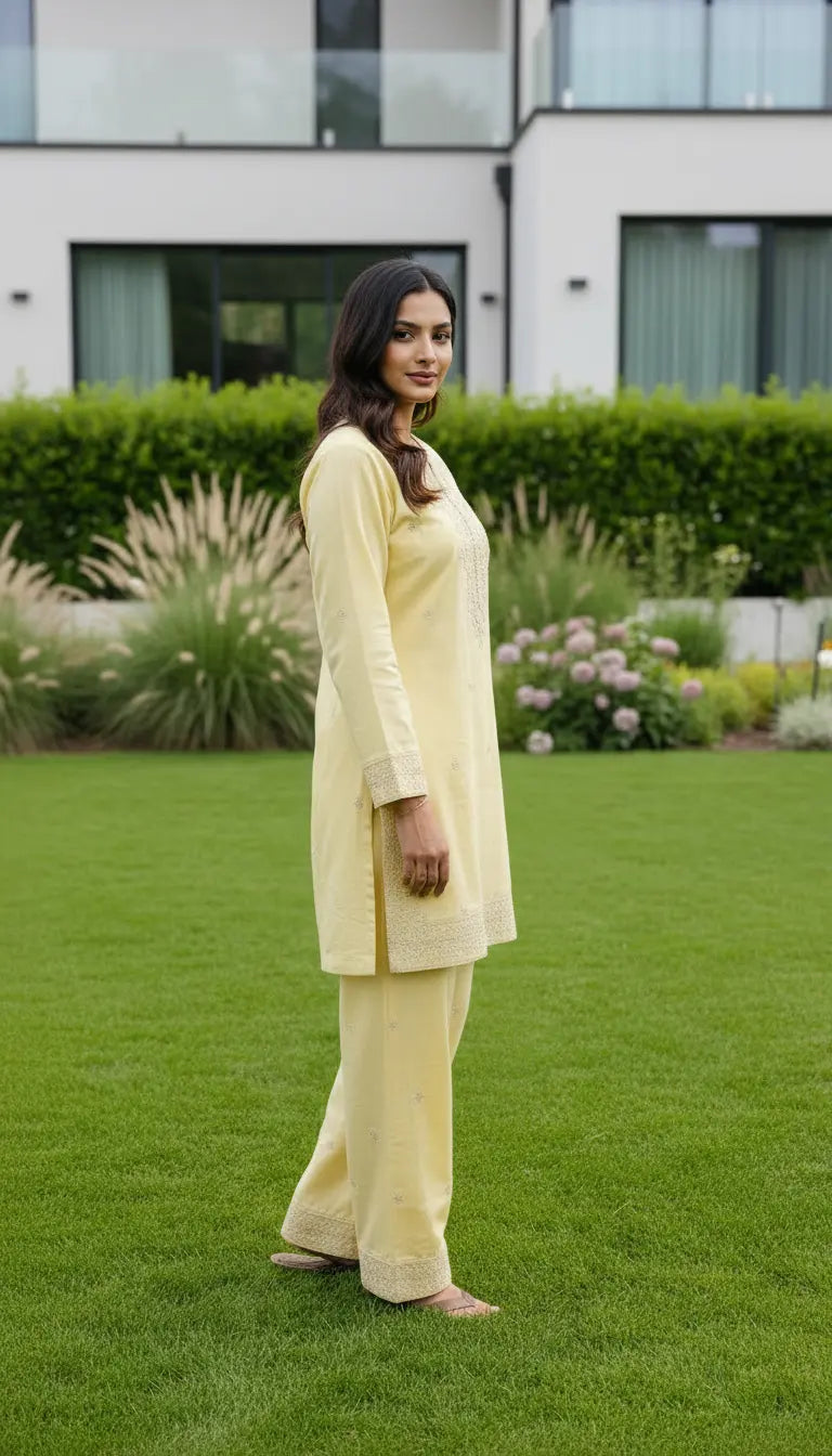 Zeenah yellow embroidered kurta set with matching pants for women by Rayyan & Co.