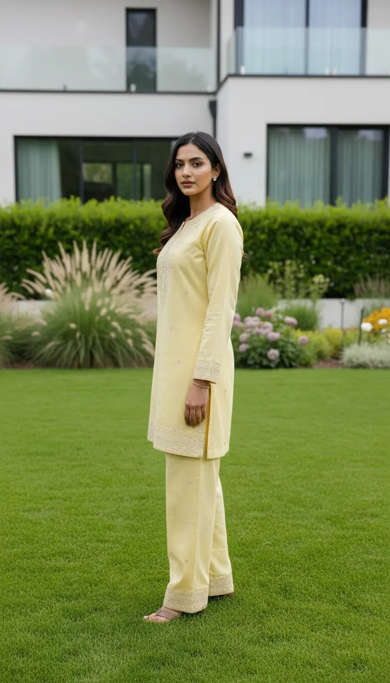 Zeenah yellow embroidered kurta set with matching pants for women by Rayyan & Co.