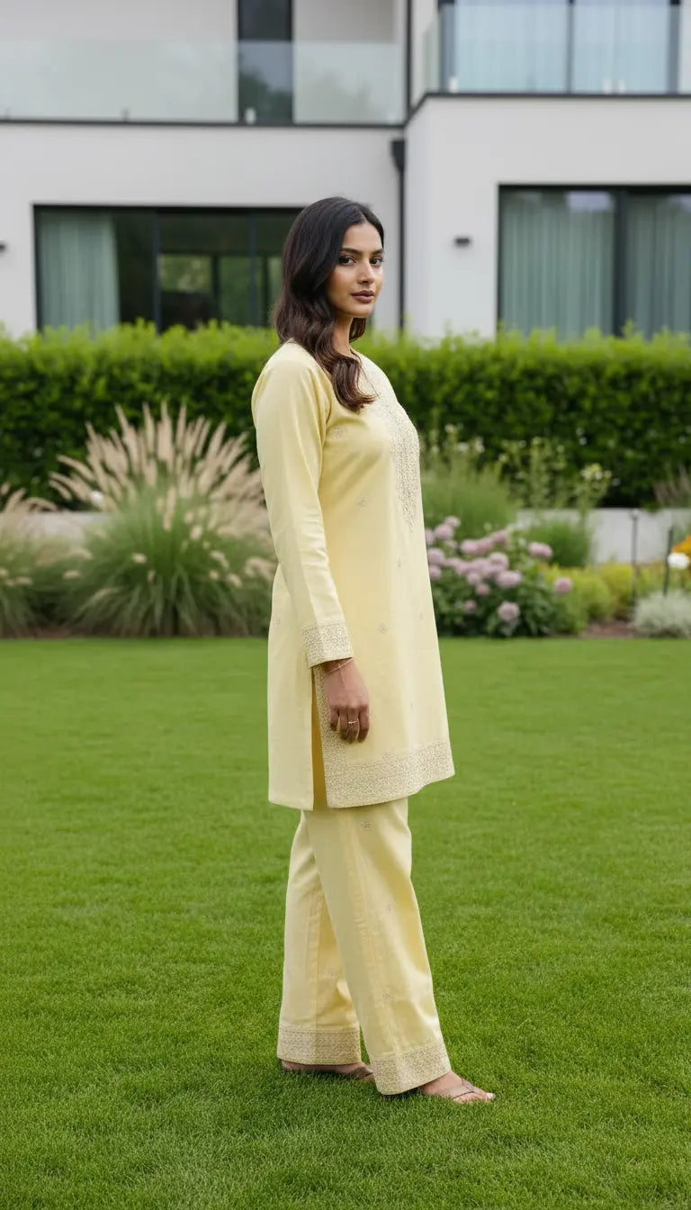 Zeenah yellow embroidered kurta set with matching pants for women by Rayyan & Co.