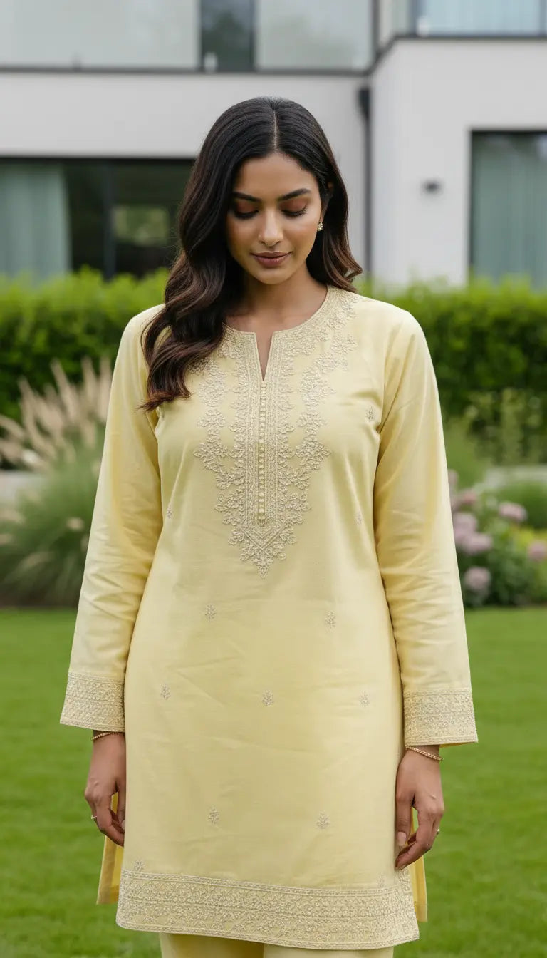 Zeenah yellow embroidered kurta set with matching pants for women by Rayyan & Co.