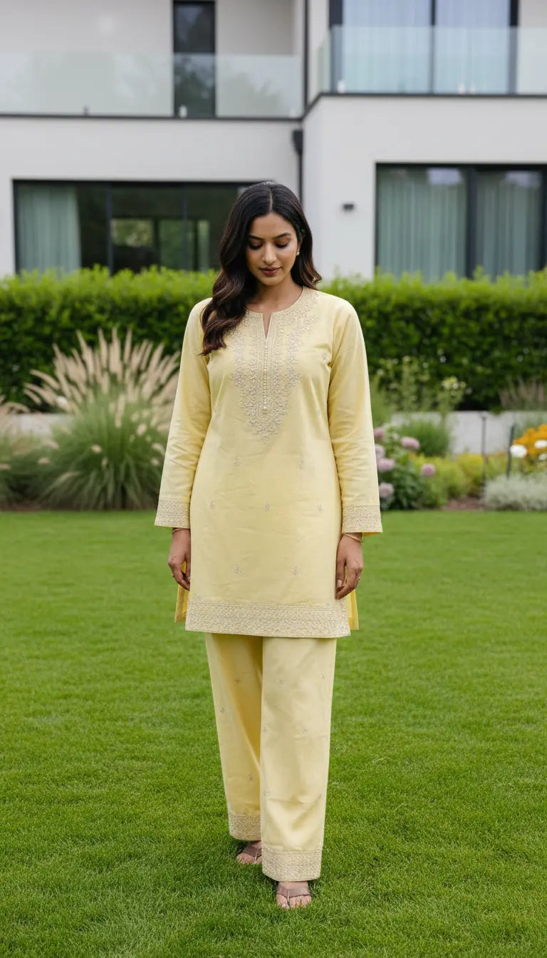 Zeenah yellow embroidered kurta set with matching pants for women by Rayyan & Co.