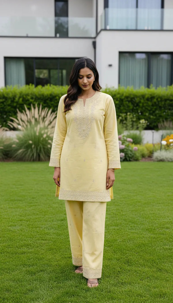 Zeenah yellow embroidered kurta set with matching pants for women by Rayyan & Co.
